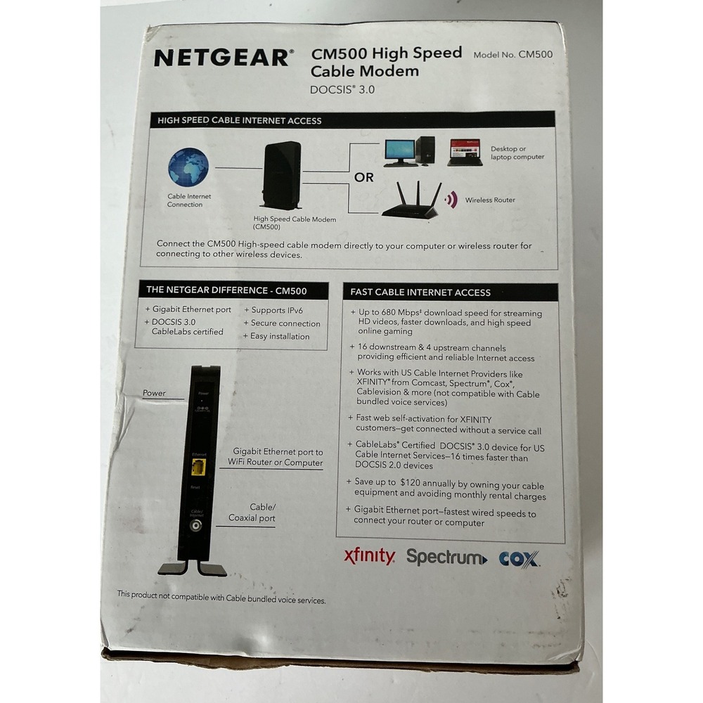 Netgear Cable Modem CM500 DOCSIS 3.0 16x4 High Speed Black Networking - Picture 6 of 13